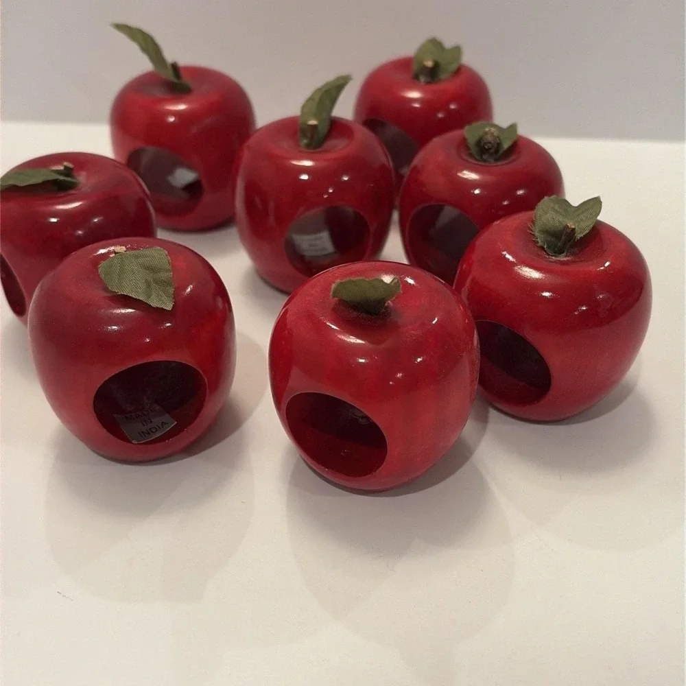 Set of 8 Wood Apple Shaped Napkin Holder Rings Made In India
